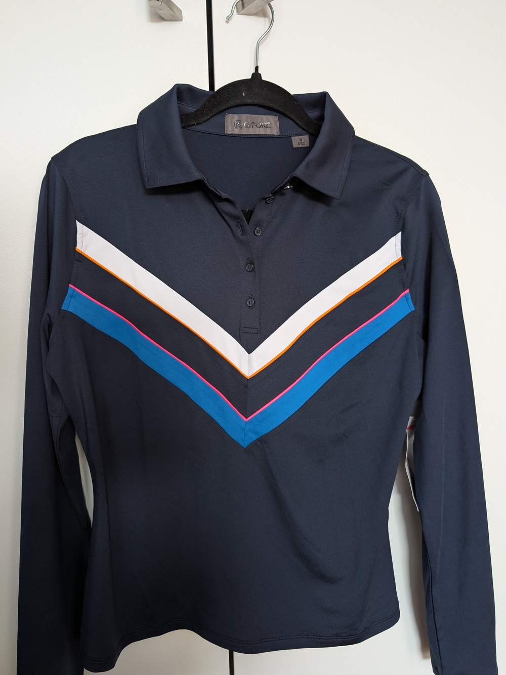 G Fore Navy Long-Sleeve Polo w Chevron Stripe US Open Oakmont Edition Women's Sm